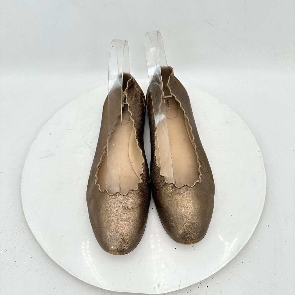 Chloe Scalloped Women Size EU 38 US 8 Gold Leather Slip On Ballet Flat Shoes